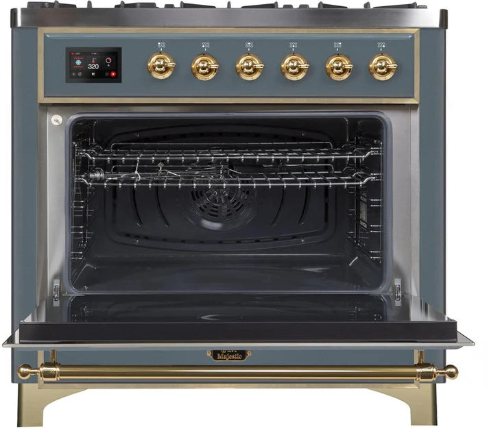 Ilve UM09FDNS3BGG Majestic II 36-Inch Freestanding Dual Fuel Range – 6 Brass Burners, Griddle, Convection Oven, Blue Grey with Brass Trim