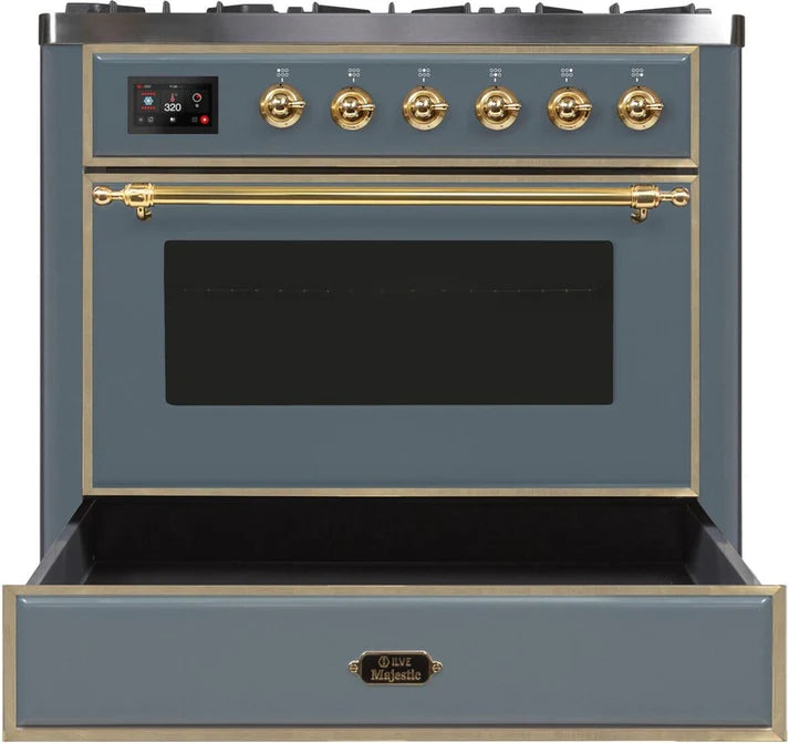 Ilve UM09FDNS3BGG Majestic II 36-Inch Freestanding Dual Fuel Range – 6 Brass Burners, Griddle, Convection Oven, Blue Grey with Brass Trim