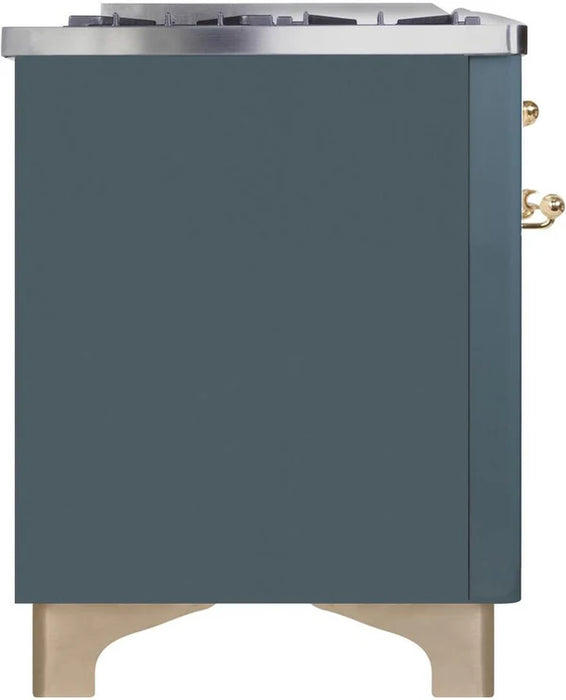 Ilve UM09FDNS3BGG Majestic II 36-Inch Freestanding Dual Fuel Range – 6 Brass Burners, Griddle, Convection Oven, Blue Grey with Brass Trim