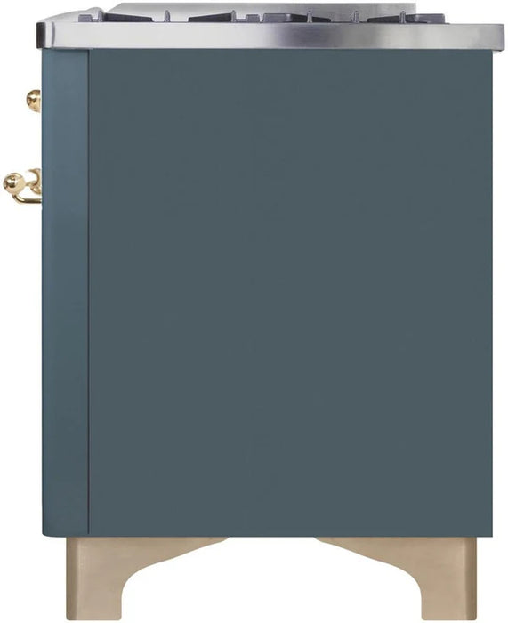 Ilve UM09FDNS3BGG Majestic II 36-Inch Freestanding Dual Fuel Range – 6 Brass Burners, Griddle, Convection Oven, Blue Grey with Brass Trim