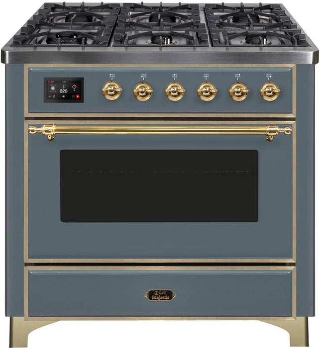 Ilve UM09FDNS3BGG Majestic II 36-Inch Freestanding Dual Fuel Range – 6 Brass Burners, Griddle, Convection Oven, Blue Grey with Brass Trim