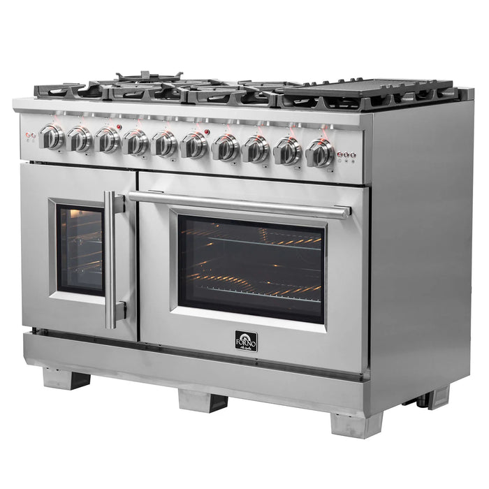 Forno Galiano FFSGS6356-48 48" French Door Dual Fuel Range, 8 Burners, Griddle, Double Convection Ovens