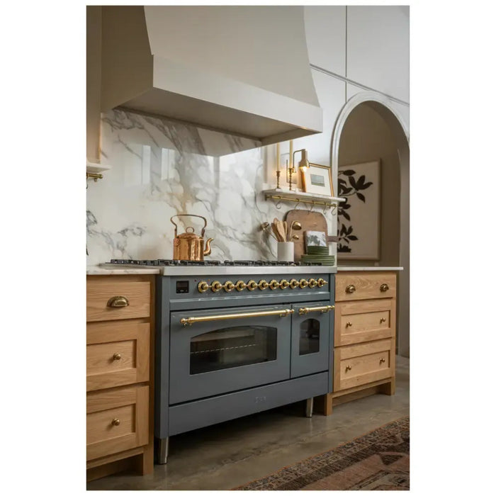 ILVE Nostalgie II 48-Inch Dual Fuel Range with 8 Burners and Griddle, Blue Grey Brass Trim