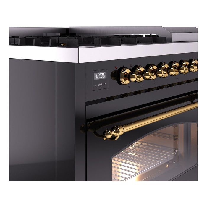 ILVE Nostalgie II 48-Inch Dual Fuel Range with 8 Burners and Griddle, Glossy Black Brass Trim