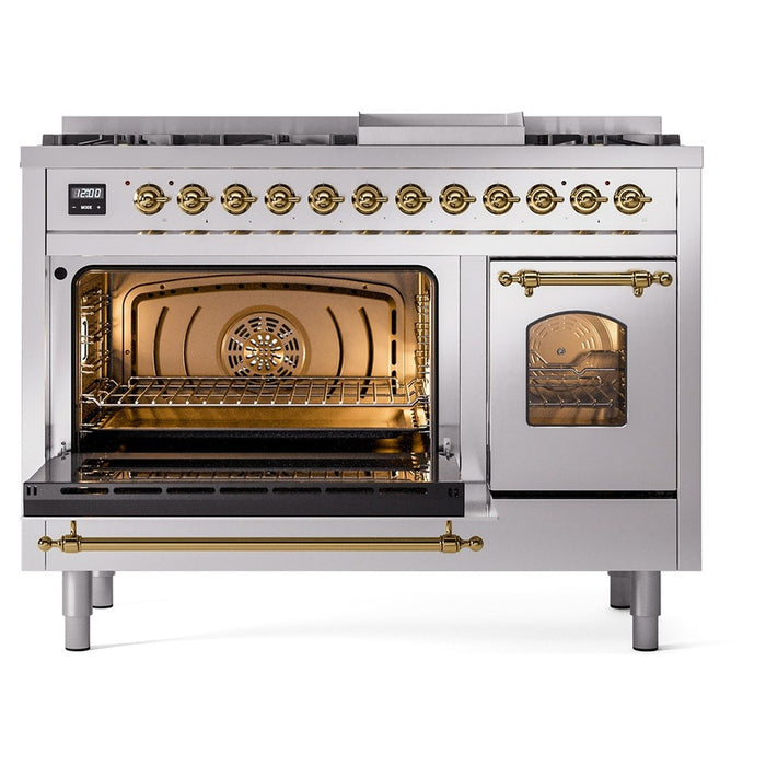 ILVE Nostalgie II 48-Inch Dual Fuel Range with 8 Burners and Griddle, Stainless Steel Brass Trim