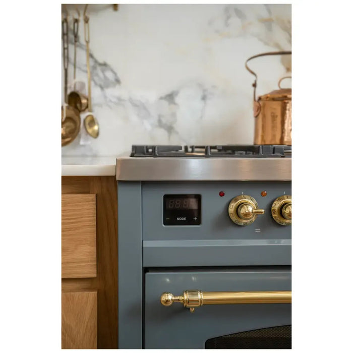 ILVE Nostalgie II 48-Inch Dual Fuel Range with 8 Burners and Griddle, Blue Grey Brass Trim