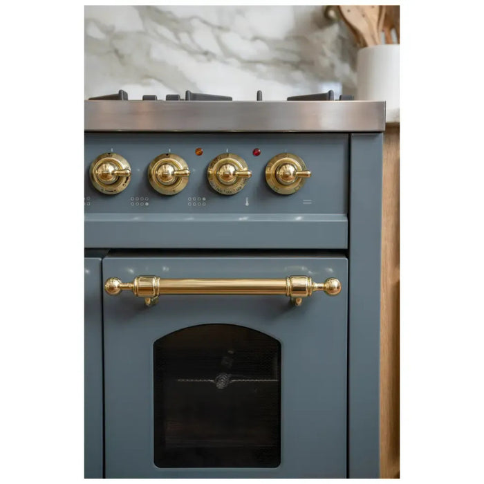 ILVE Nostalgie II 48-Inch Dual Fuel Range with 8 Burners and Griddle, Blue Grey Brass Trim