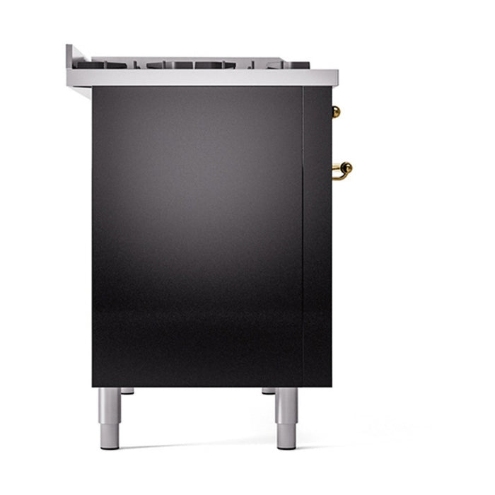 ILVE Nostalgie II 48-Inch Dual Fuel Range with 8 Burners and Griddle, Glossy Black Brass Trim