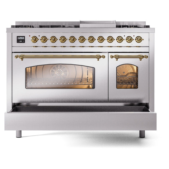 ILVE Nostalgie II 48-Inch Dual Fuel Range with 8 Burners and Griddle, Stainless Steel Brass Trim