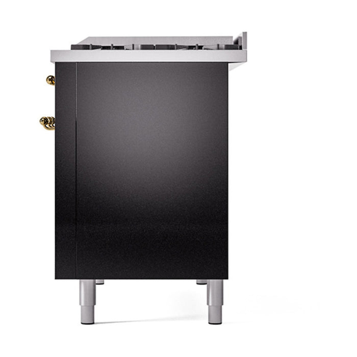 ILVE Nostalgie II 48-Inch Dual Fuel Range with 8 Burners and Griddle, Glossy Black Brass Trim
