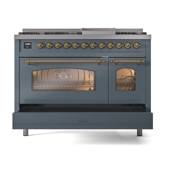 ILVE Nostalgie II 48-Inch Dual Fuel Range with 8 Burners and Griddle, Blue Grey Brass Trim