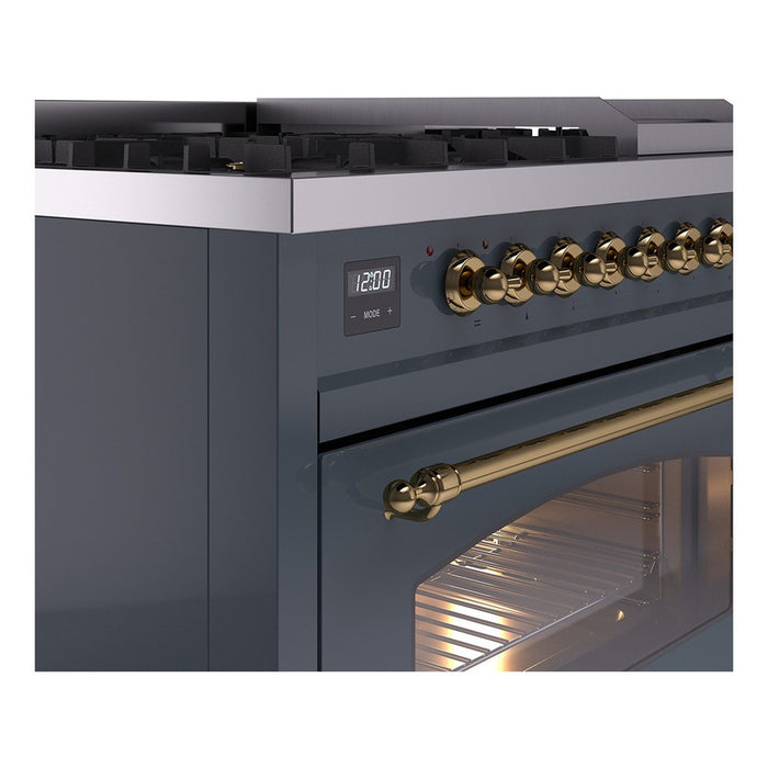 ILVE Nostalgie II 48-Inch Dual Fuel Range with 8 Burners and Griddle, Blue Grey Brass Trim