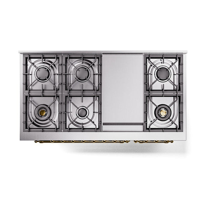 ILVE Nostalgie II 48-Inch Dual Fuel Range with 8 Burners and Griddle, Blue Grey Brass Trim