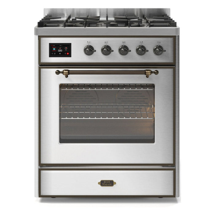 ILVE Majestic II 30-Inch Dual Fuel Range with 5 Sealed Burners, Stainless Steel Burnished Trim