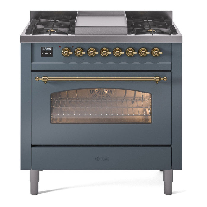 ILVE Nostalgie II 36-Inch Dual Fuel Range with 6 Burners and Griddle, Blue Grey Brass Trim