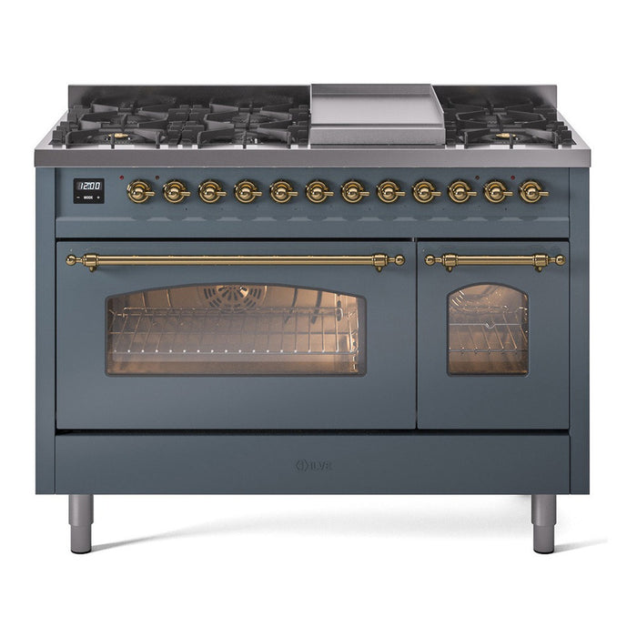 ILVE Nostalgie II 48-Inch Dual Fuel Range with 8 Burners and Griddle, Blue Grey Brass Trim