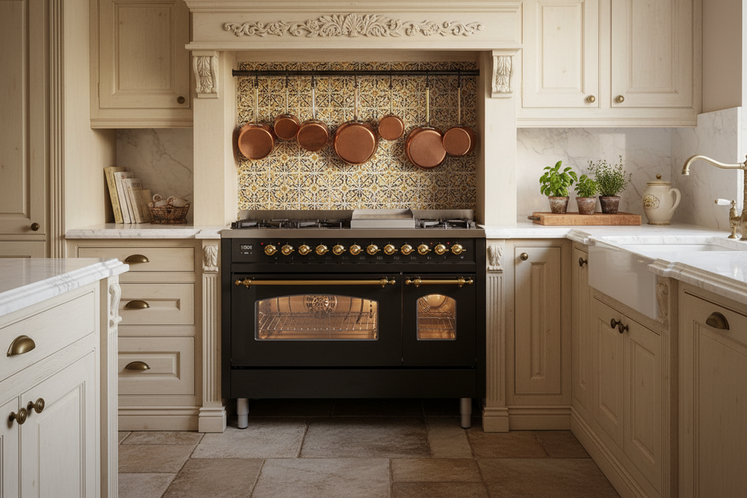 ILVE Nostalgie II 48-Inch Dual Fuel Range with 8 Burners and Griddle, Glossy Black Brass Trim
