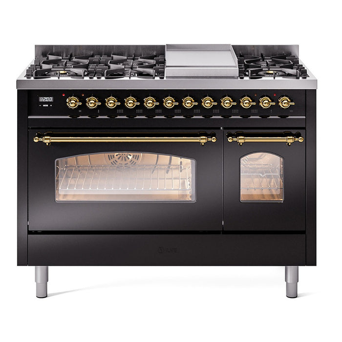 ILVE Nostalgie II 48-Inch Dual Fuel Range with 8 Burners and Griddle, Glossy Black Brass Trim