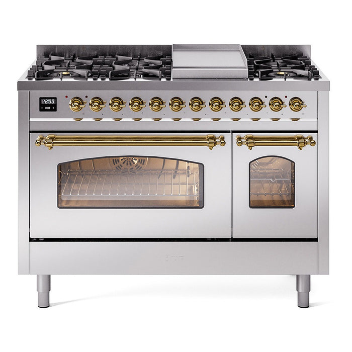 ILVE Nostalgie II 48-Inch Dual Fuel Range with 8 Burners and Griddle, Stainless Steel Brass Trim