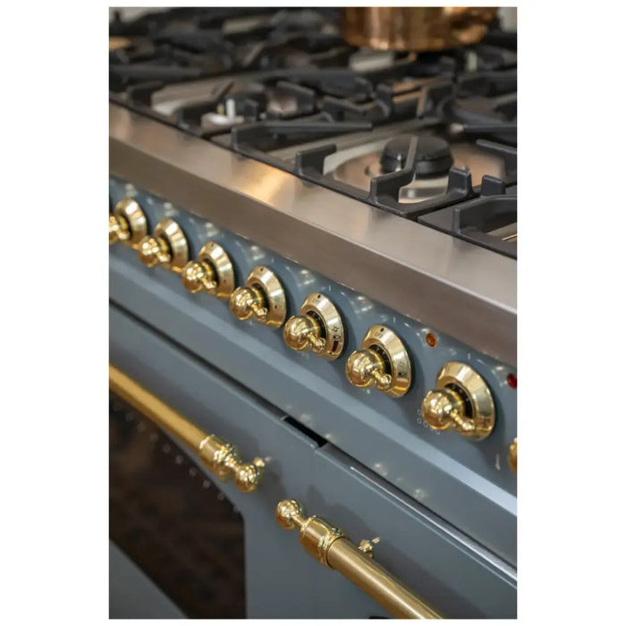 ILVE Nostalgie II 48-Inch Dual Fuel Range with 8 Burners and Griddle, Blue Grey Brass Trim