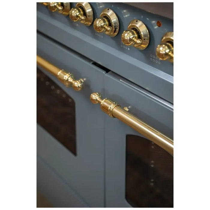 ILVE Nostalgie II 48-Inch Dual Fuel Range with 8 Burners and Griddle, Blue Grey Brass Trim