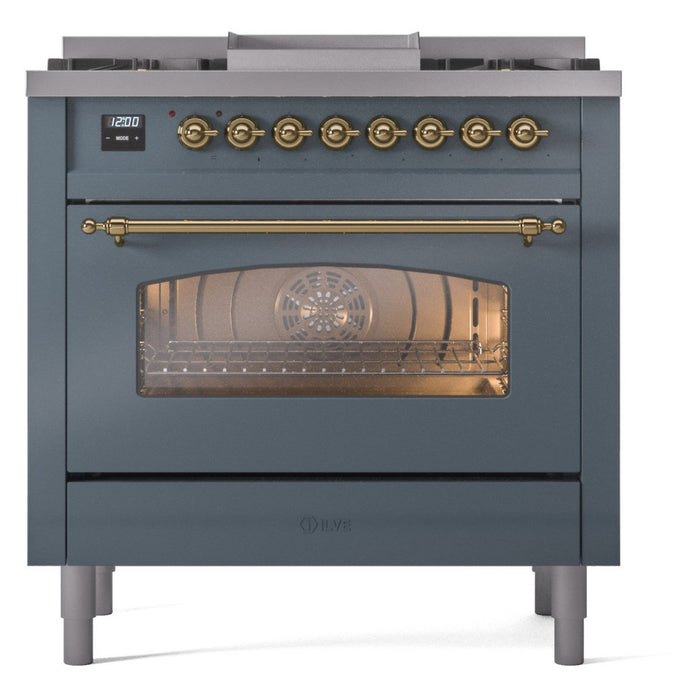 ILVE Nostalgie II 36-Inch Dual Fuel Range with 6 Burners and Griddle, Blue Grey Brass Trim