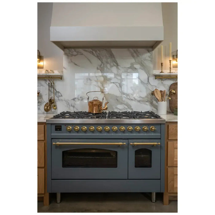 ILVE Nostalgie II 48-Inch Dual Fuel Range with 8 Burners and Griddle, Blue Grey Brass Trim
