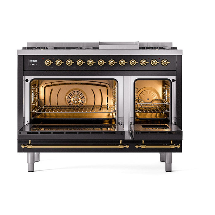 ILVE Nostalgie II 48-Inch Dual Fuel Range with 8 Burners and Griddle, Glossy Black Brass Trim