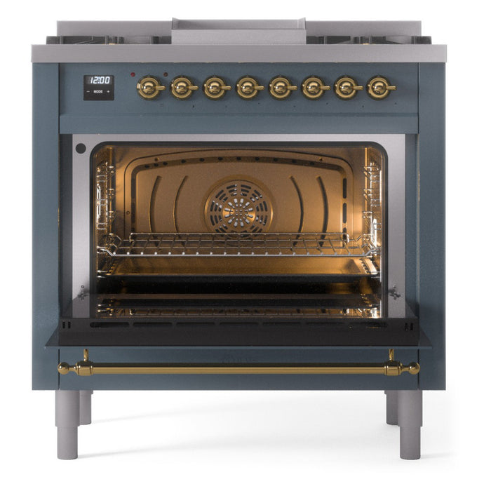 ILVE Nostalgie II 36-Inch Dual Fuel Range with 6 Burners and Griddle, Blue Grey Brass Trim