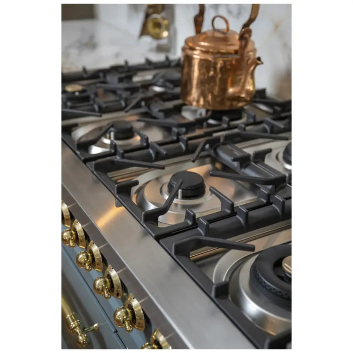 ILVE Nostalgie II 48-Inch Dual Fuel Range with 8 Burners and Griddle, Blue Grey Brass Trim