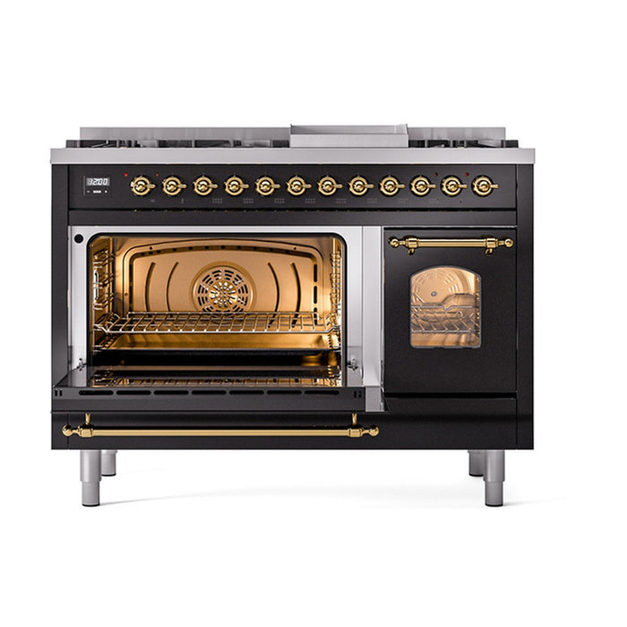 ILVE Nostalgie II 48-Inch Dual Fuel Range with 8 Burners and Griddle, Glossy Black Brass Trim