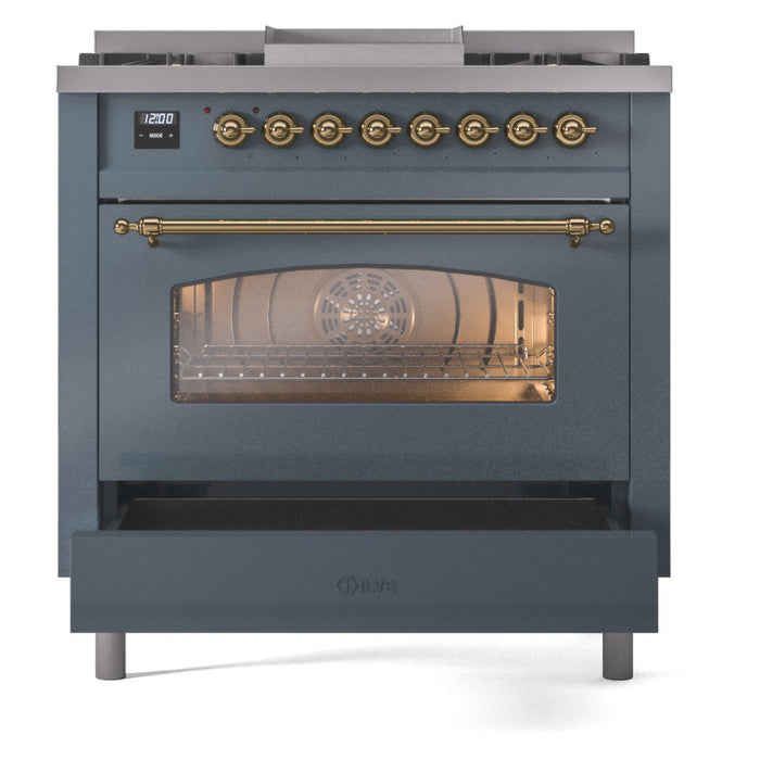 ILVE Nostalgie II 36-Inch Dual Fuel Range with 6 Burners and Griddle, Blue Grey Brass Trim