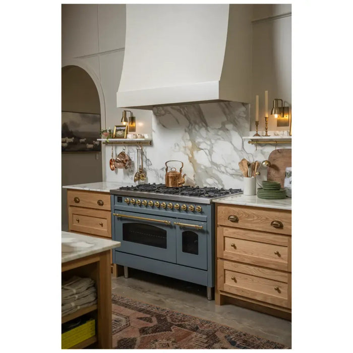 ILVE Nostalgie II 48-Inch Dual Fuel Range with 8 Burners and Griddle, Blue Grey Brass Trim