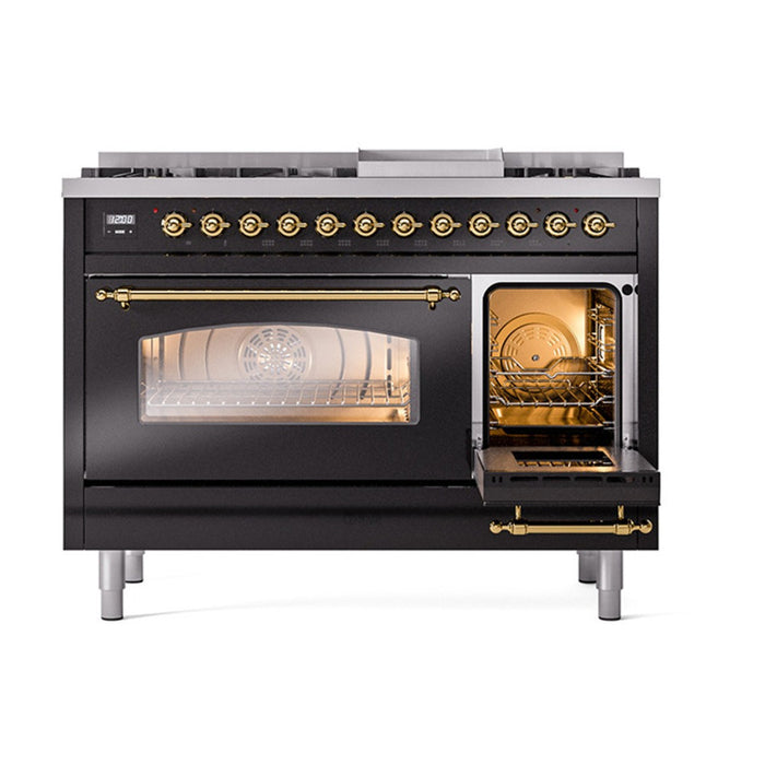 ILVE Nostalgie II 48-Inch Dual Fuel Range with 8 Burners and Griddle, Glossy Black Brass Trim