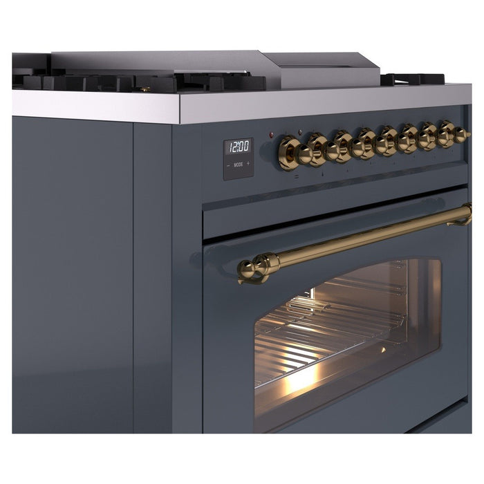 ILVE Nostalgie II 36-Inch Dual Fuel Range with 6 Burners and Griddle, Blue Grey Brass Trim