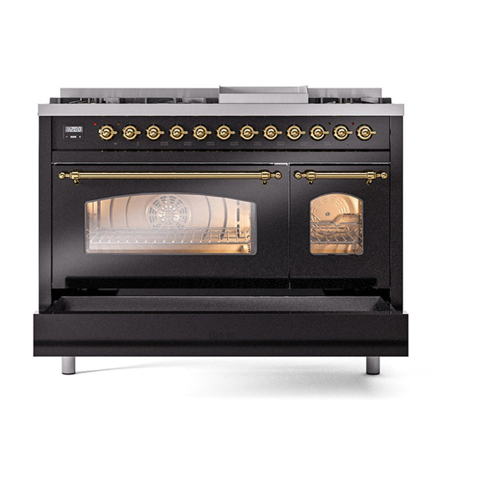 ILVE Nostalgie II 48-Inch Dual Fuel Range with 8 Burners and Griddle, Glossy Black Brass Trim
