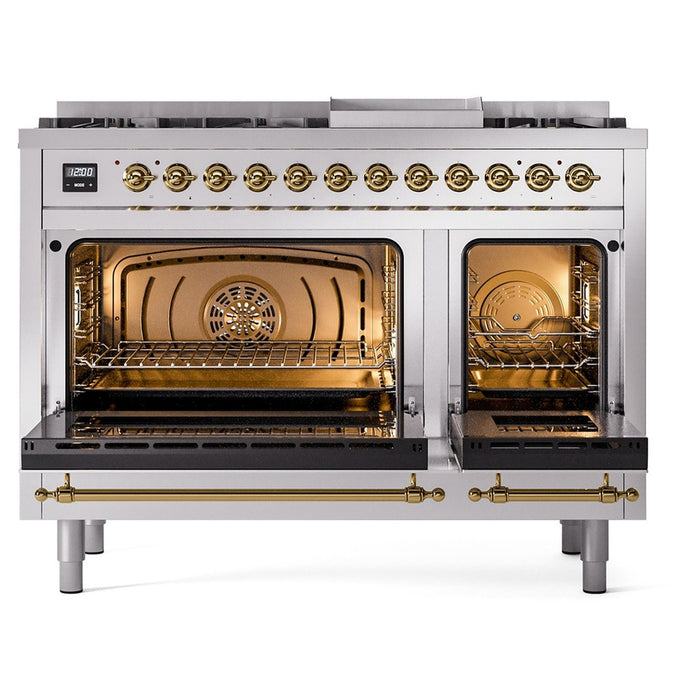 ILVE Nostalgie II 48-Inch Dual Fuel Range with 8 Burners and Griddle, Stainless Steel Brass Trim