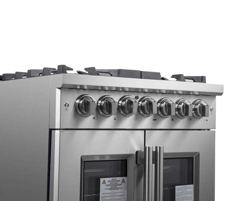 Forno Massimo FFSGS6325-30 30" Stainless Steel French Door Dual Fuel Range, 5 Sealed Burners, 4.32 cu. ft. True Convection Oven