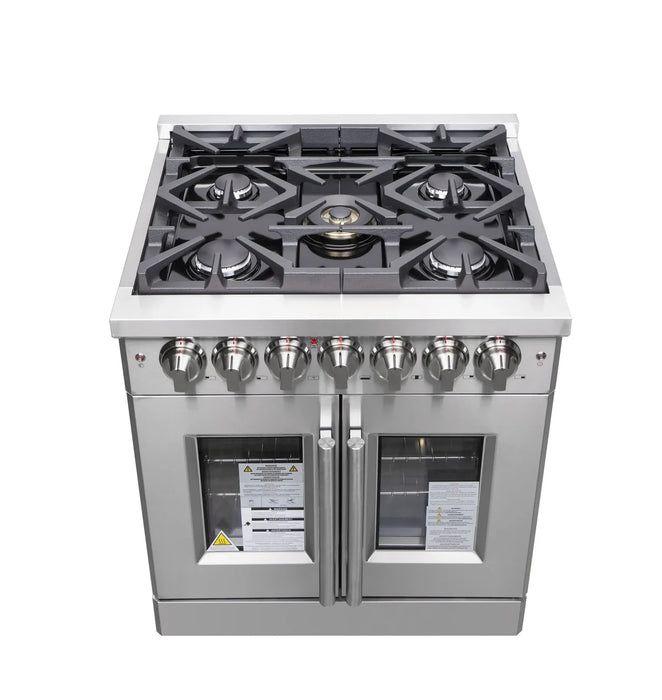 Forno Massimo FFSGS6325-30 30" Stainless Steel French Door Dual Fuel Range, 5 Sealed Burners, 4.32 cu. ft. True Convection Oven