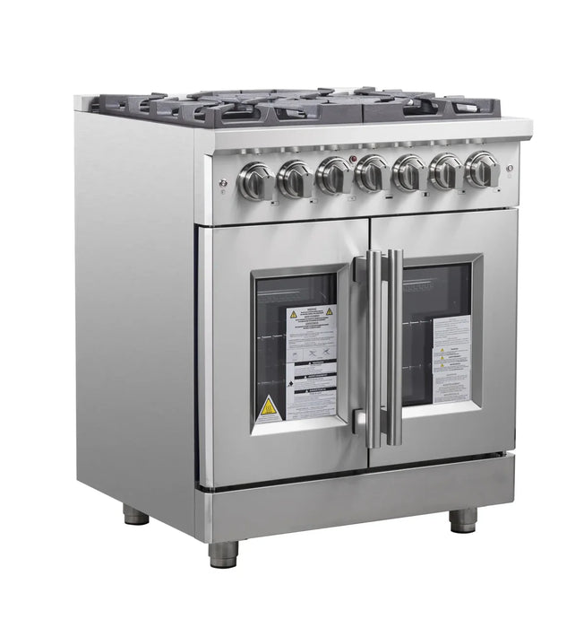 Forno Massimo FFSGS6325-30 30" Stainless Steel French Door Dual Fuel Range, 5 Sealed Burners, 4.32 cu. ft. True Convection Oven
