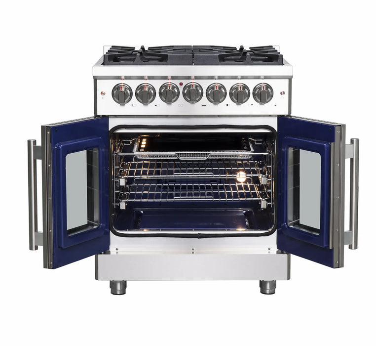 Forno Massimo FFSGS6325-30 30" Stainless Steel French Door Dual Fuel Range, 5 Sealed Burners, 4.32 cu. ft. True Convection Oven