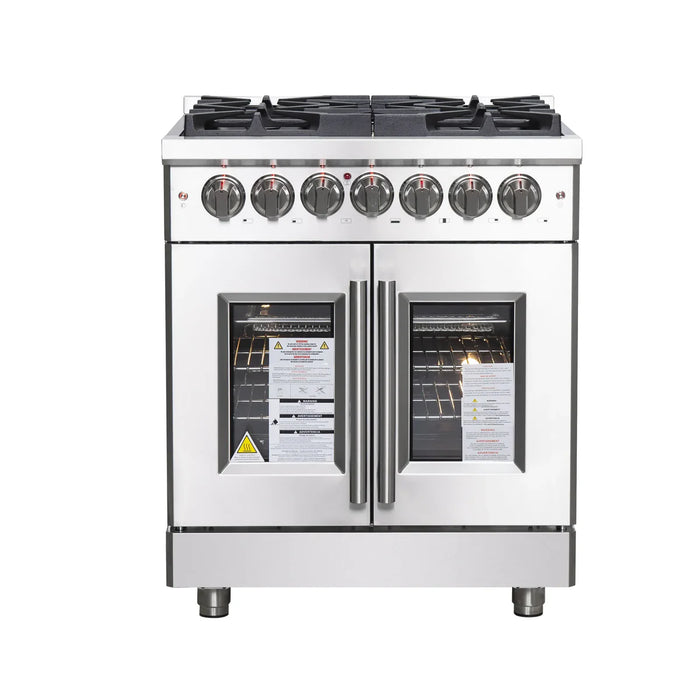 Forno Massimo FFSGS6325-30 30" Stainless Steel French Door Dual Fuel Range, 5 Sealed Burners, 4.32 cu. ft. True Convection Oven