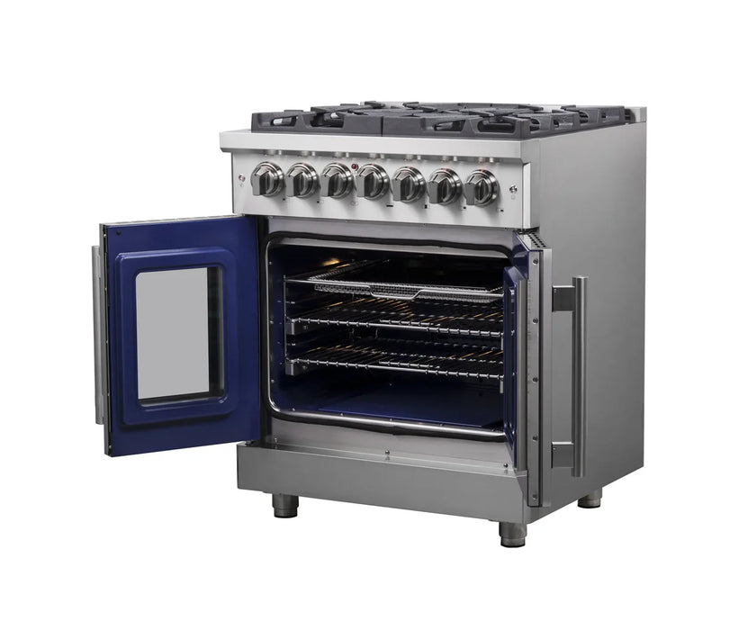 Forno Massimo FFSGS6325-30 30" Stainless Steel French Door Dual Fuel Range, 5 Sealed Burners, 4.32 cu. ft. True Convection Oven