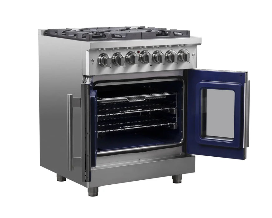 Forno Massimo FFSGS6325-30 30" Stainless Steel French Door Dual Fuel Range, 5 Sealed Burners, 4.32 cu. ft. True Convection Oven
