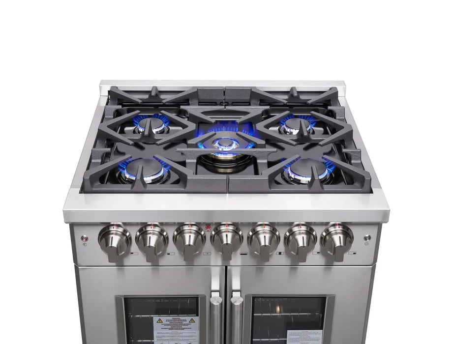 Forno Massimo FFSGS6325-30 30" Stainless Steel French Door Dual Fuel Range, 5 Sealed Burners, 4.32 cu. ft. True Convection Oven