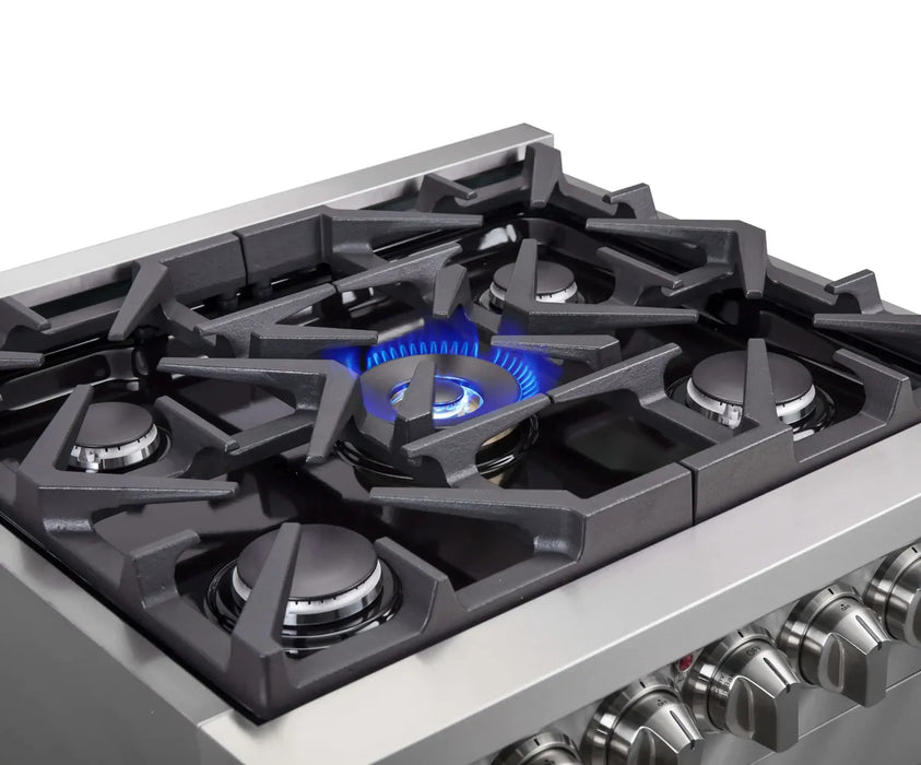 Forno Massimo FFSGS6325-30 30" Stainless Steel French Door Dual Fuel Range, 5 Sealed Burners, 4.32 cu. ft. True Convection Oven