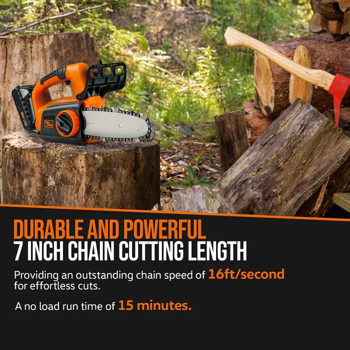 Super Handy GUT072 8″ Cordless Mini Chainsaw 20V – 2Ah Battery, Tool‑Free Tensioning