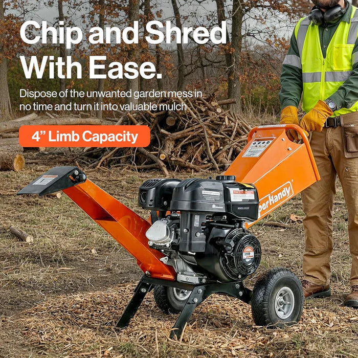 Super Handy GUO148 Wood Chipper / Mulcher 9HP Gas Engine – 4″ Capacity, Compact Design