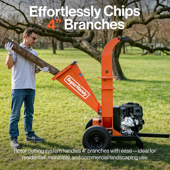 Super Handy GUO141 Tow‑Behind Wood Chipper 15HP Gas Engine – 4″ Capacity, Electric Start, 2″ Hitch Coupler