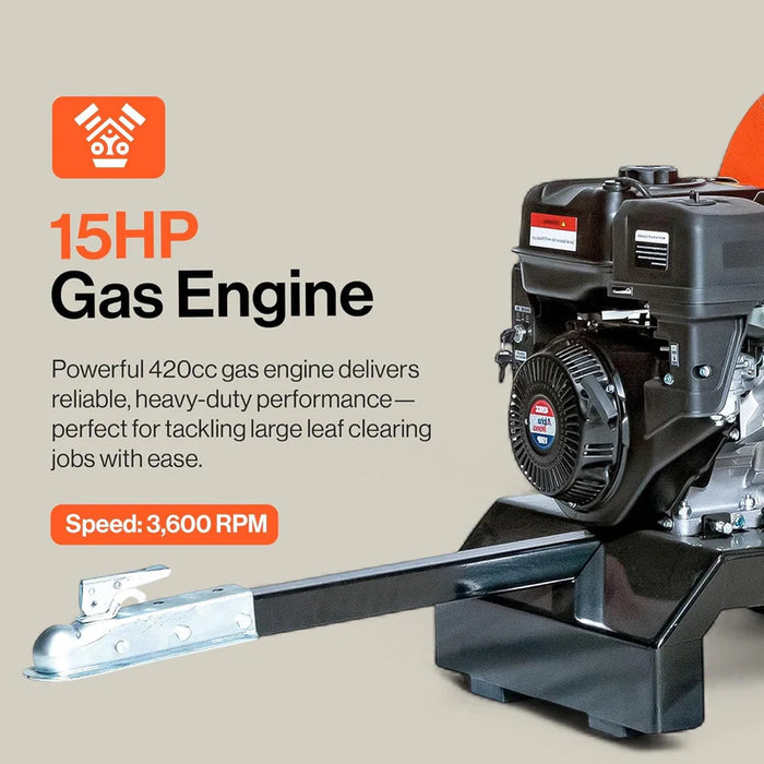 Super Handy GUO141 Tow‑Behind Wood Chipper 15HP Gas Engine – 4″ Capacity, Electric Start, 2″ Hitch Coupler